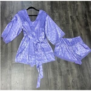 Yitty by Lizzo Purple Satin 3pc Sleep Set Robe Cami Shorts Logo Jacquard L